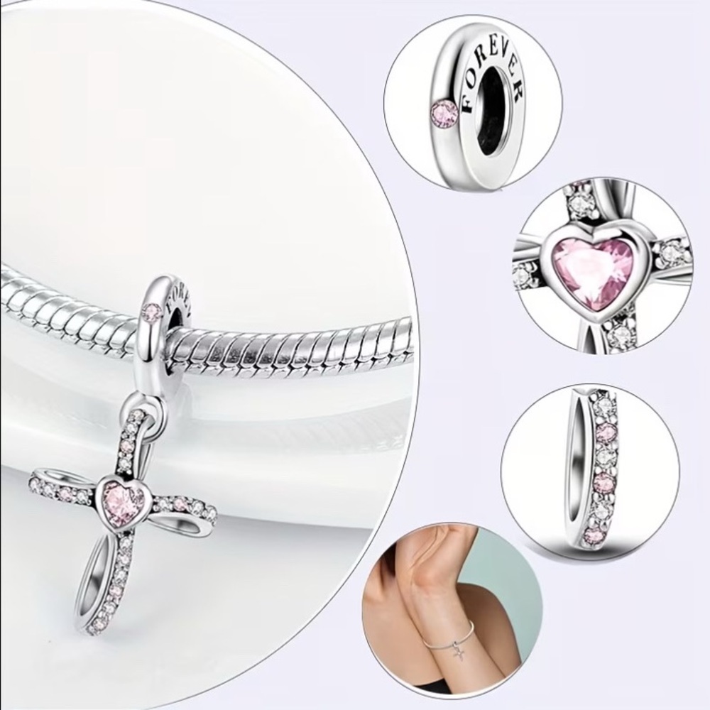 Sterling Silver 925 Pandora Cross Charm Pendant with Pink Heart & Gem Accents. - Picture 5 of 9